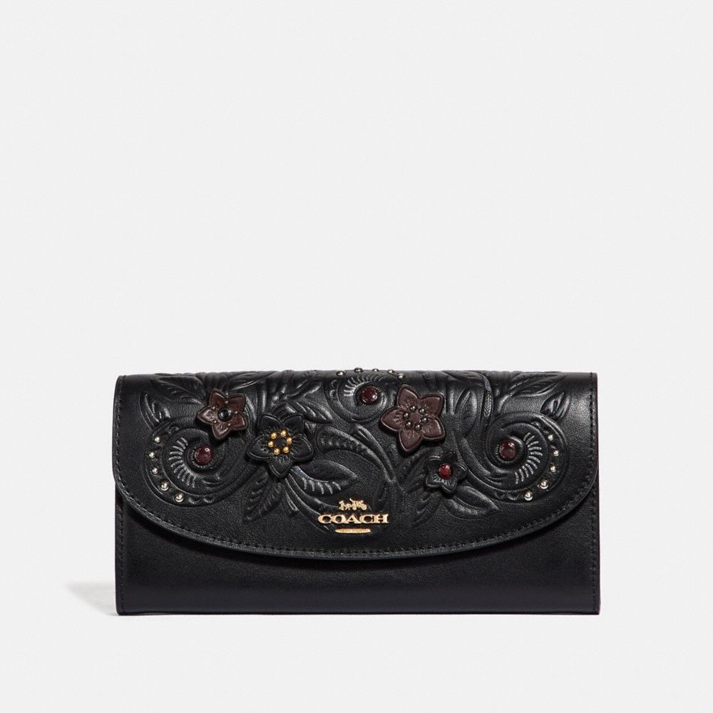 SLIM ENVELOPE WALLET WITH FLORAL TOOLING - COACH F38666 - BLACK/MULTI/LIGHT GOLD