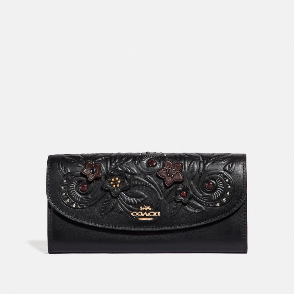 COACH F38666 SLIM ENVELOPE WALLET WITH FLORAL TOOLING BLACK/MULTI/LIGHT-GOLD