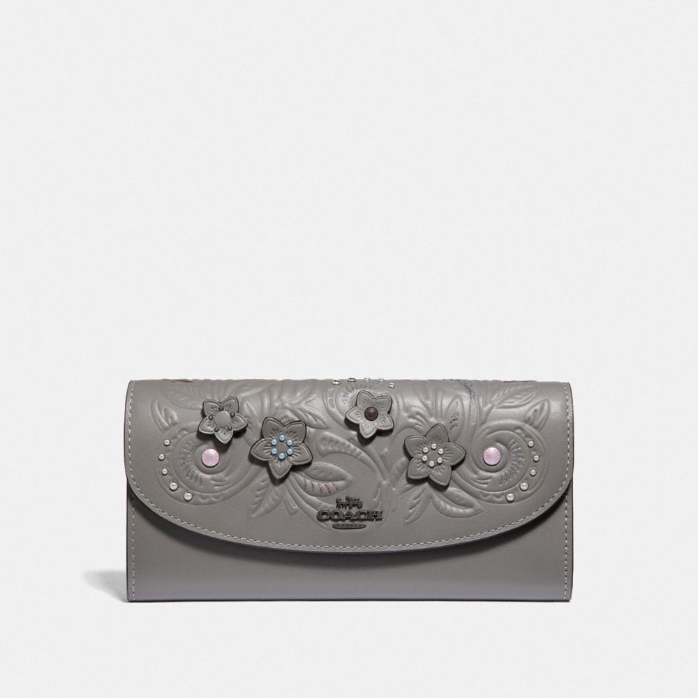 COACH F38666 Slim Envelope Wallet With Floral Tooling HEATHER GREY MULTI/BLACK ANTIQUE NICKEL