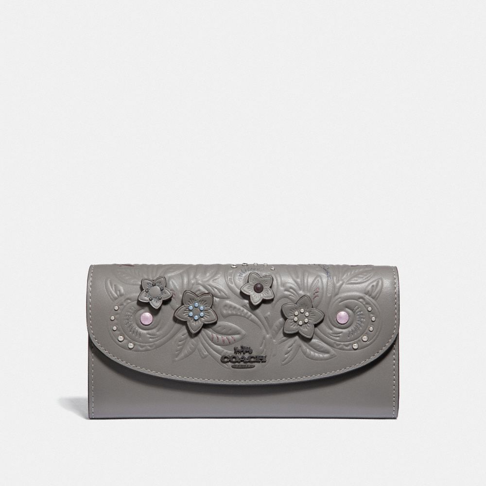 COACH F38666 SLIM ENVELOPE WALLET WITH FLORAL TOOLING HEATHER-GREY-MULTI/BLACK-ANTIQUE-NICKEL