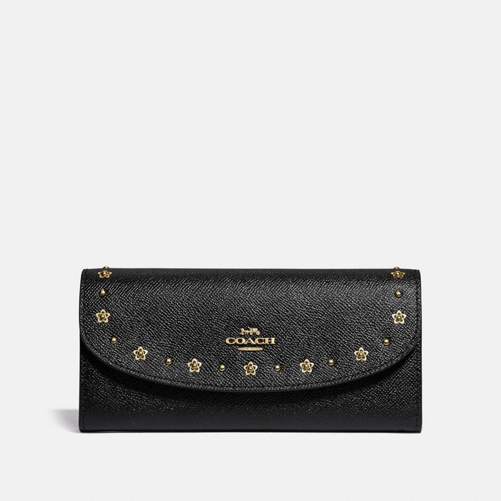 COACH F38675 Slim Envelope Wallet With Floral Rivets BLACK/LIGHT GOLD
