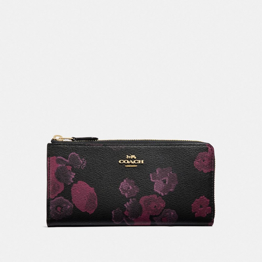 COACH L-ZIP WALLET WITH HALFTONE FLORAL PRINT - BLACK/WINE/LIGHT GOLD - F38689