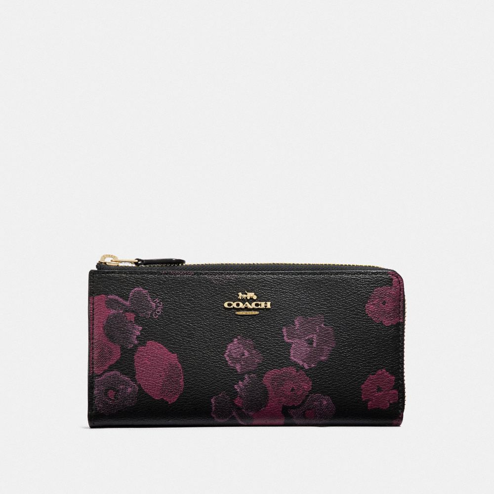 COACH F38689 L-ZIP WALLET WITH HALFTONE FLORAL PRINT BLACK/WINE/LIGHT GOLD