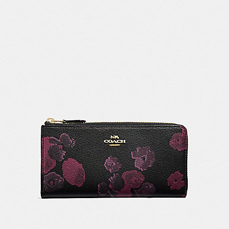 COACH L-ZIP WALLET WITH HALFTONE FLORAL PRINT - BLACK/WINE/LIGHT GOLD - F38689