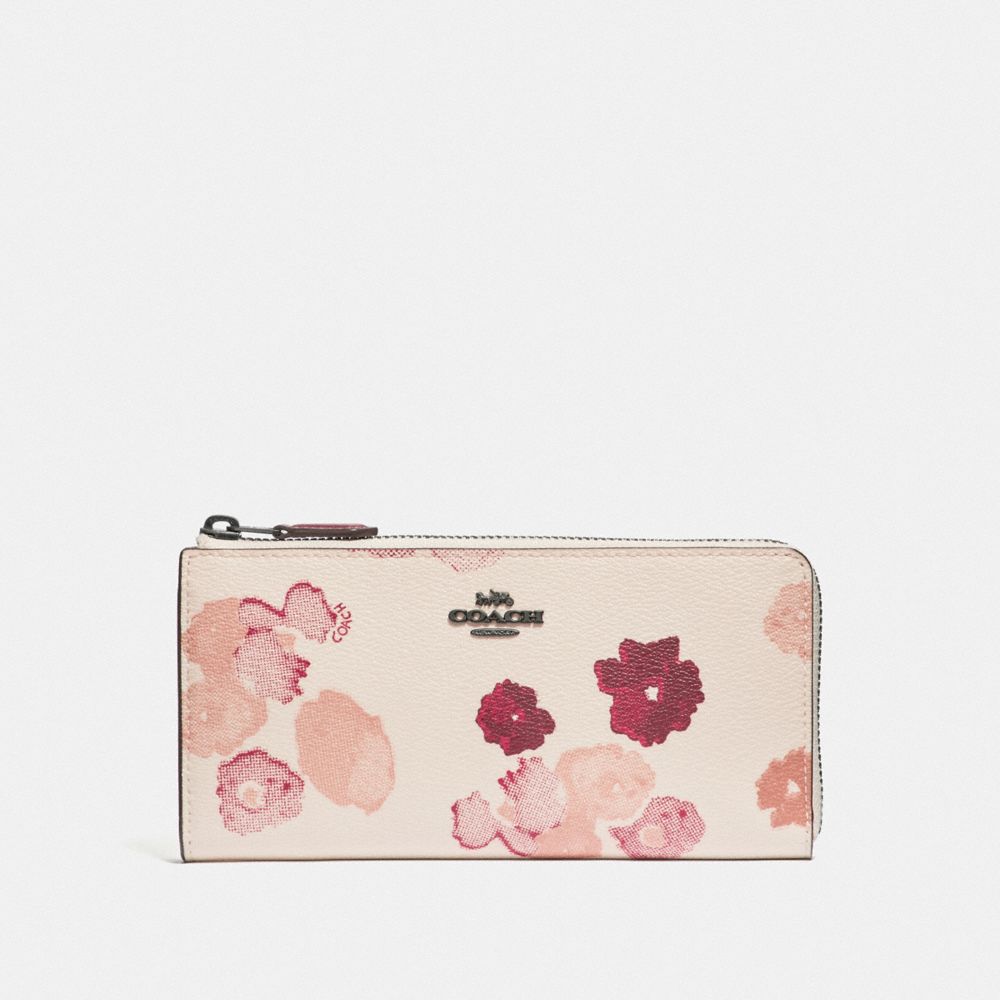 COACH L-ZIP WALLET WITH HALFTONE FLORAL PRINT - CHALK/RED/BLACK ANTIQUE NICKEL - F38689