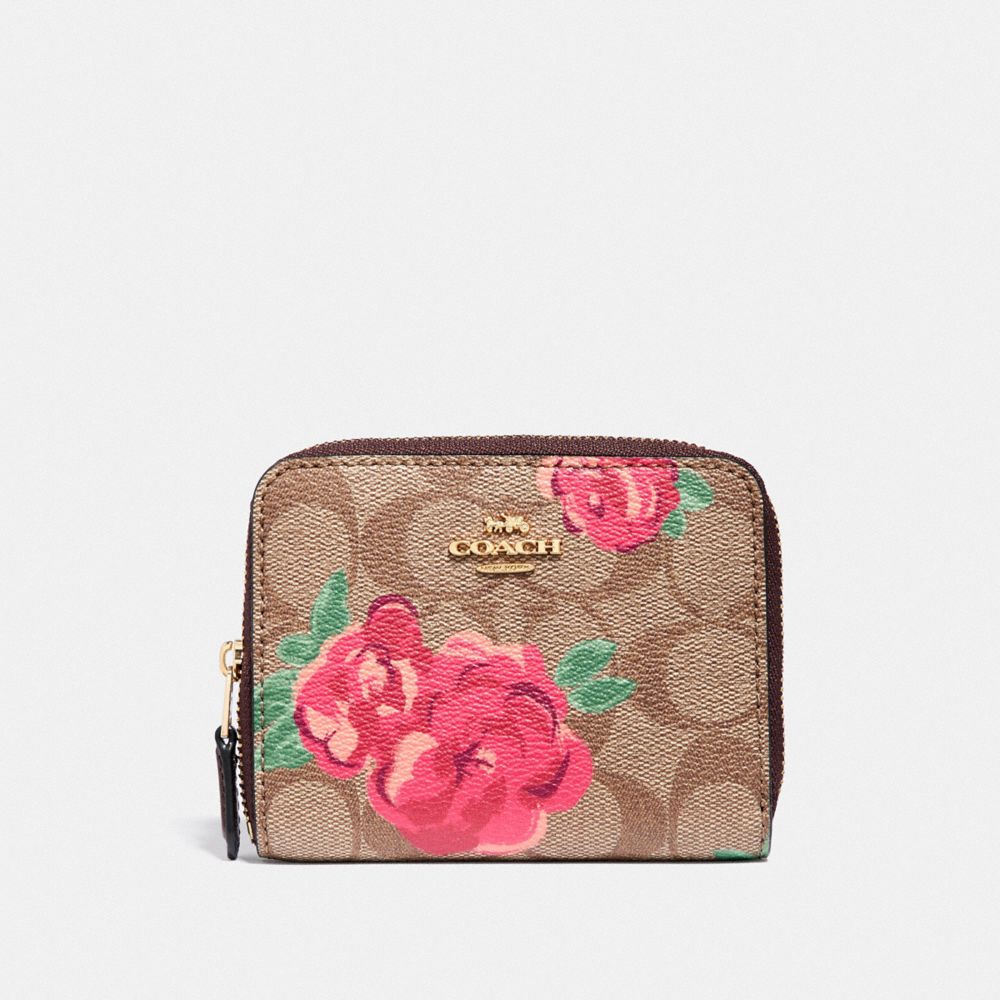 COACH SMALL ZIP AROUND WALLET IN SIGNATURE CANVAS WITH JUMBO FLORAL PRINT - KHAKI/OXBLOOD MULTI/LIGHT GOLD - F38704