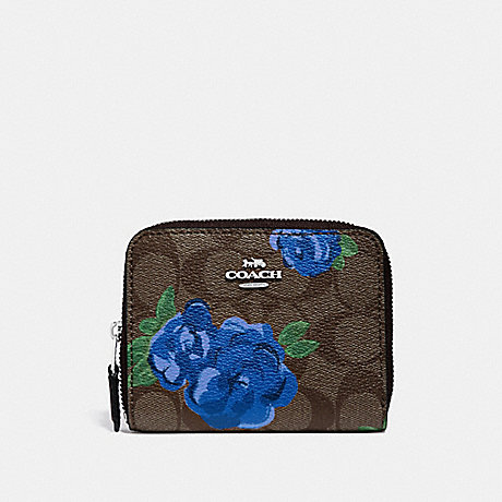 COACH SMALL ZIP AROUND WALLET IN SIGNATURE CANVAS WITH JUMBO FLORAL PRINT - BROWN BLACK/MULTI/SILVER - F38704