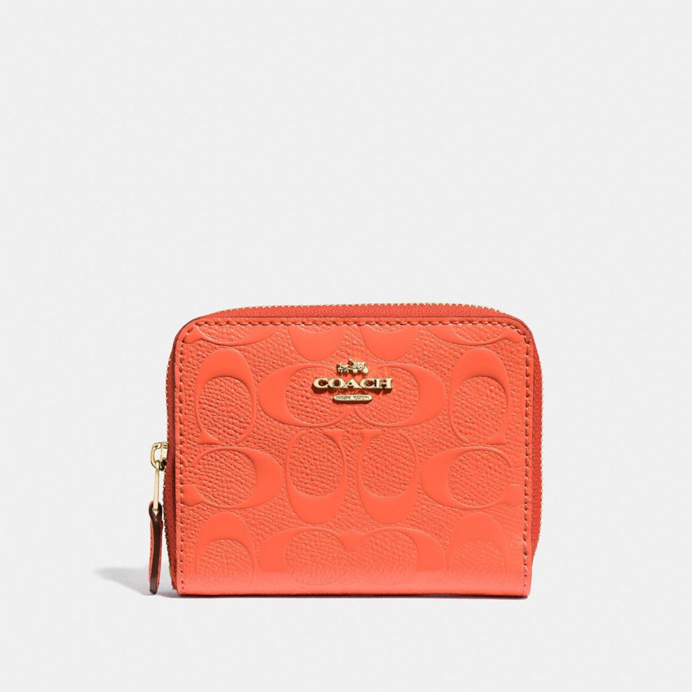 COACH F38709 Small Zip Around Wallet In Signature Leather NEON ORANGE/LIGHT GOLD