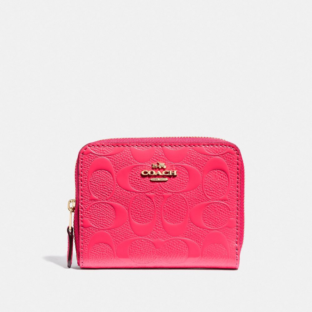 COACH F38709 Small Zip Around Wallet In Signature Leather NEON PINK/LIGHT GOLD