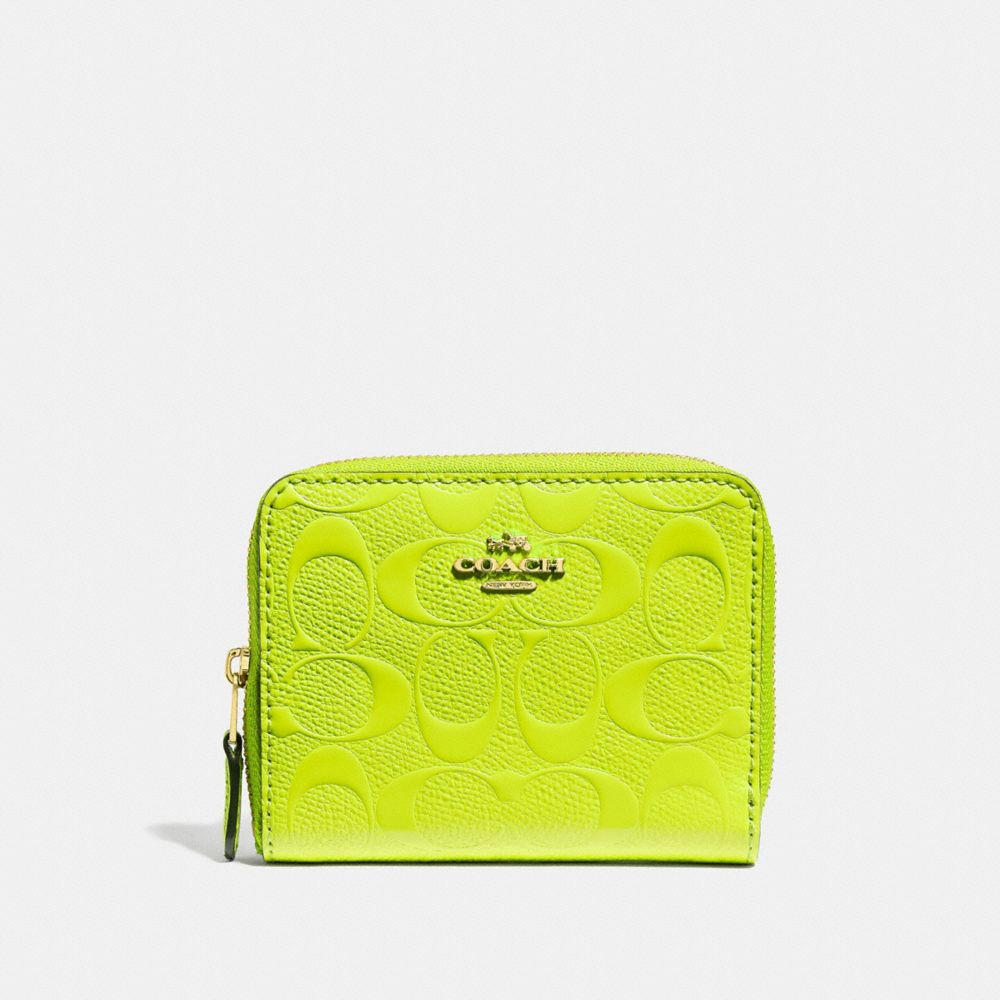 COACH F38709 Small Zip Around Wallet In Signature Leather NEON YELLOW/LIGHT GOLD