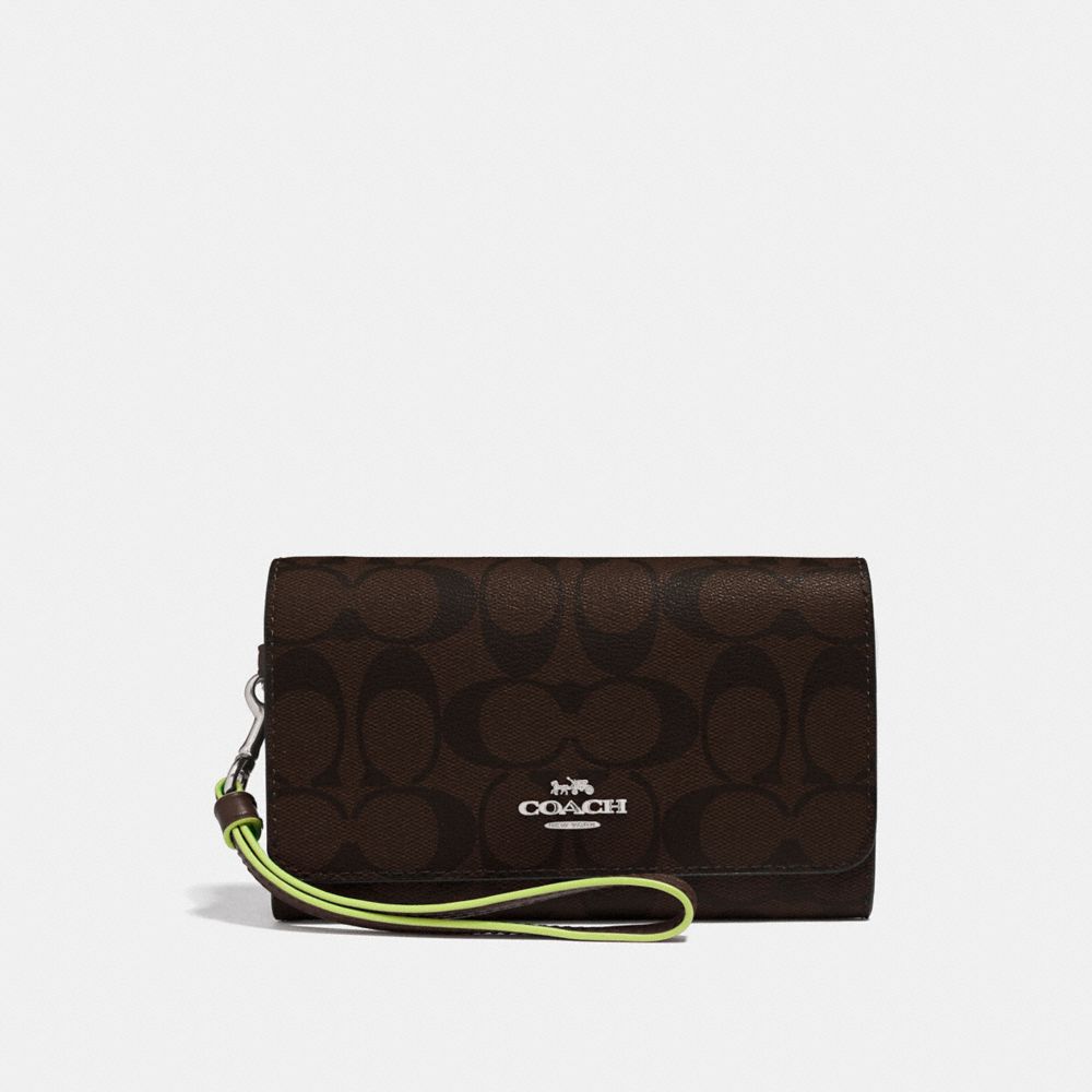 COACH F38711 Flap Phone Wallet In Signature Canvas BROWN/NEON YELLOW/SILVER