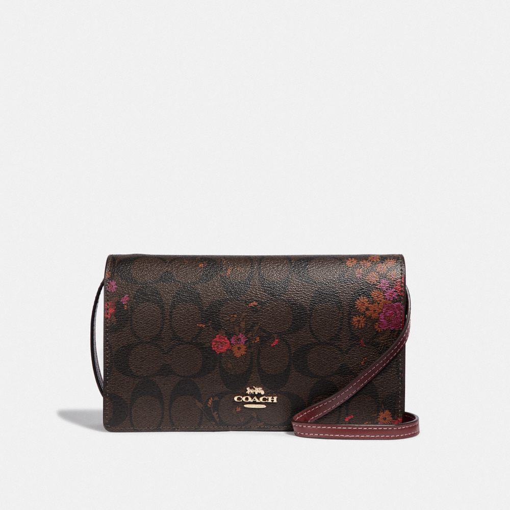 HAYDEN FOLDOVER CROSSBODY CLUTCH IN SIGNATURE CANVAS WITH FLORAL BUNDLE PRINT - F38715 - BROWN/METALLIC CURRANT/LIGHT GOLD
