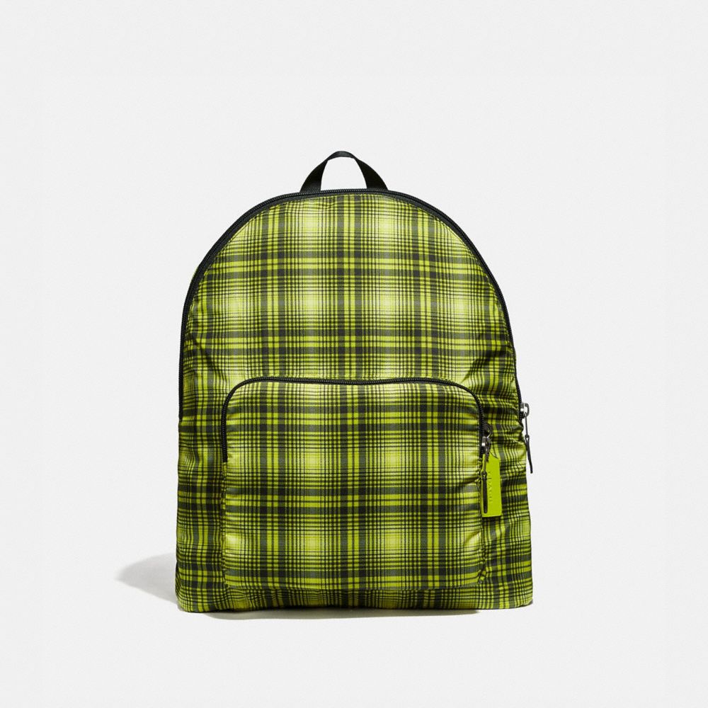 COACH F38766 Packable Backpack With Soft Plaid Print NEON YELLOW MULTI/BLACK ANTIQUE NICKEL