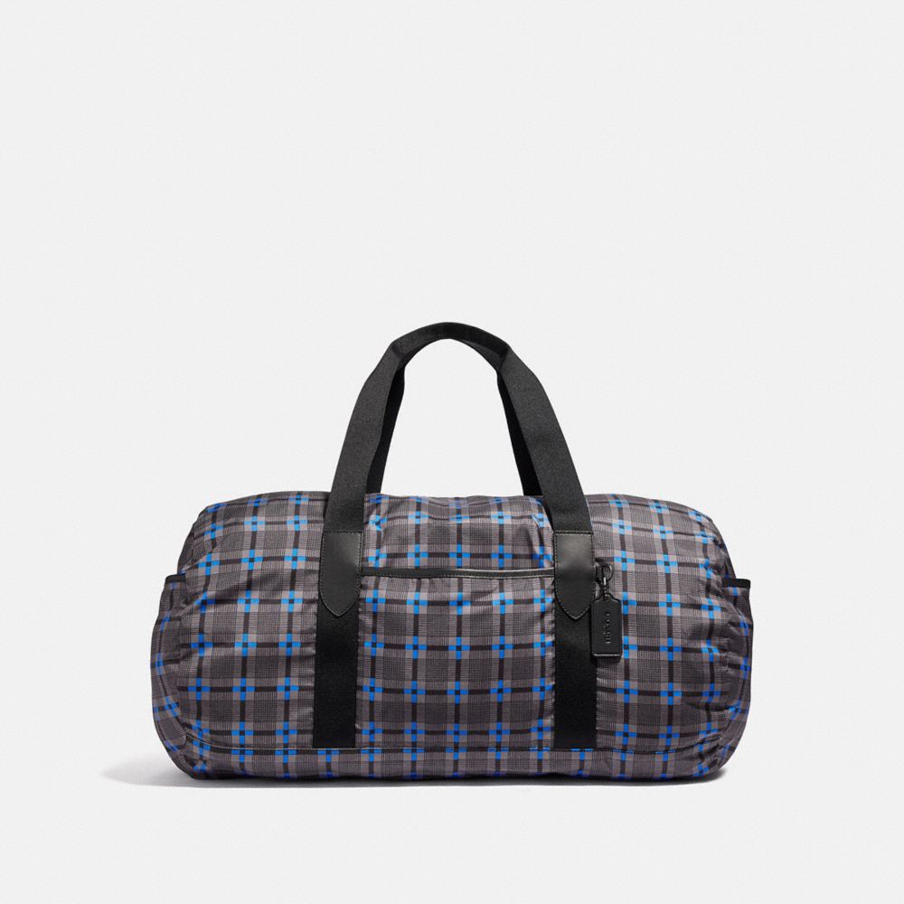 COACH F38767 PACKABLE DUFFLE WITH PLUS PLAID PRINT GREY MULTI/BLACK ANTIQUE NICKEL