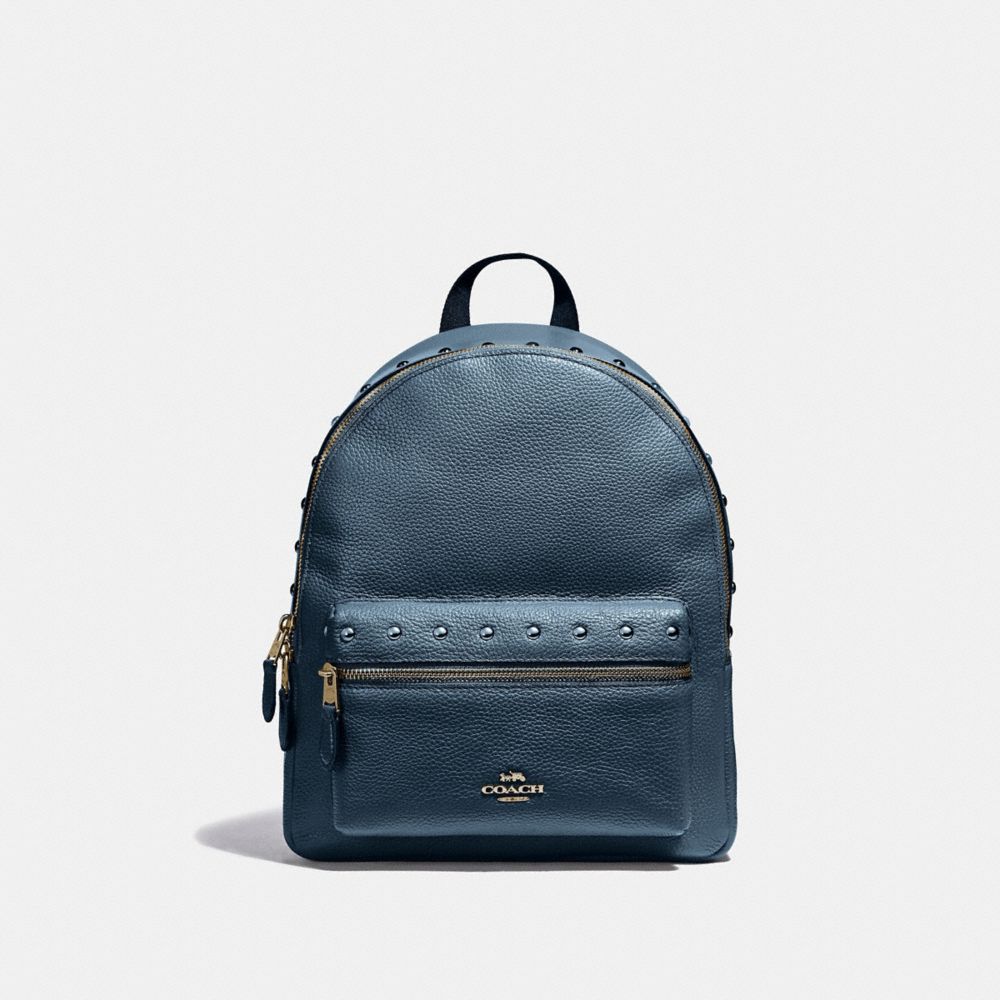 MEDIUM CHARLIE BACKPACK WITH LACQUER RIVETS - COACH F38834 -  DENIM/LIGHT GOLD