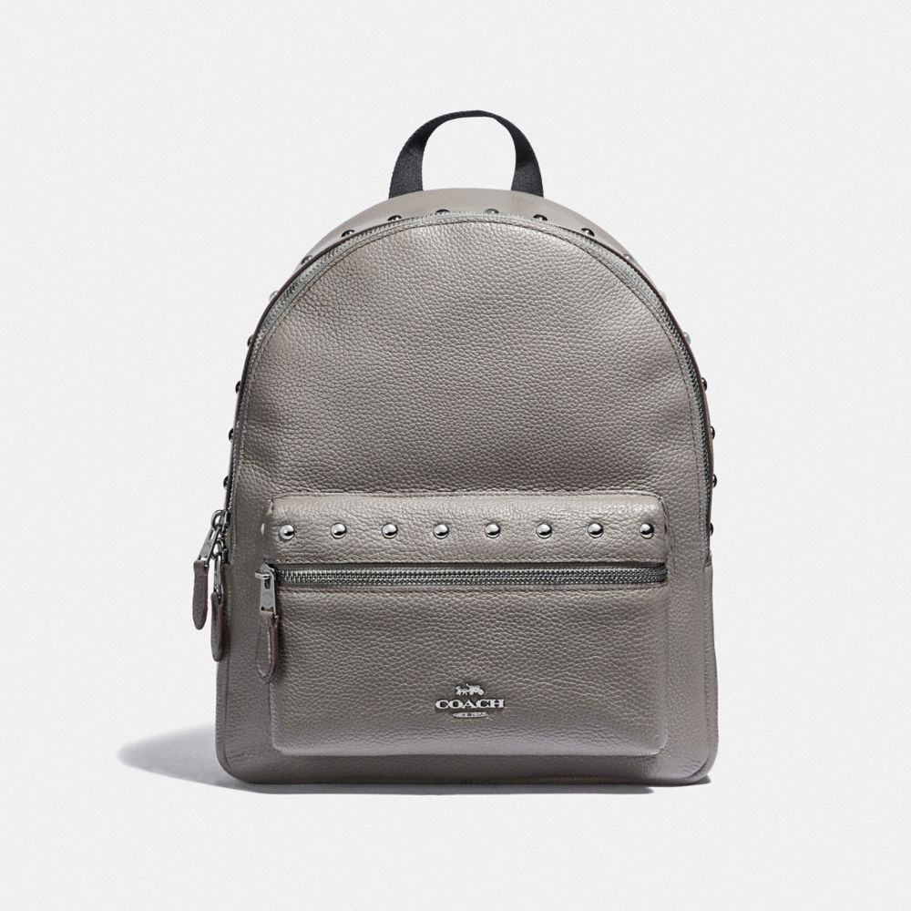 MEDIUM CHARLIE BACKPACK WITH LACQUER RIVETS - F38834 - HEATHER GREY/SILVER