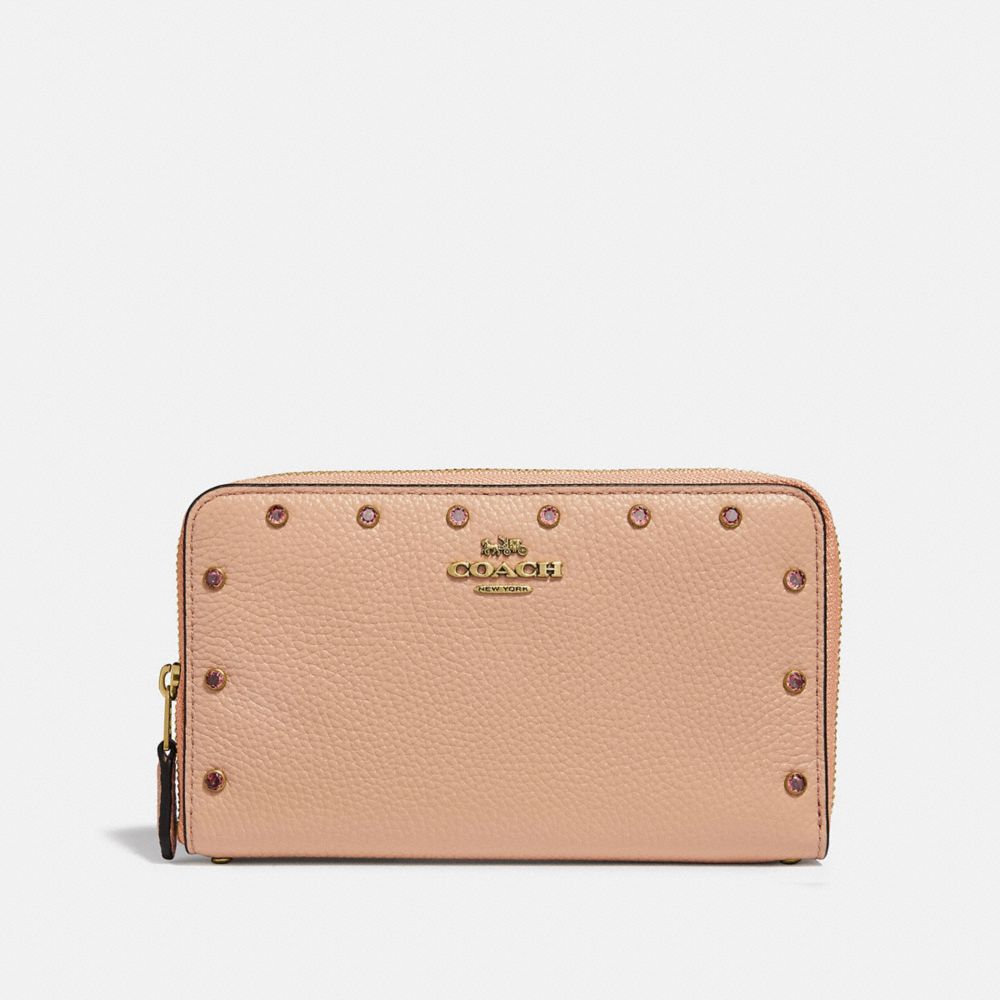 COACH F38868 Medium Zip Around Wallet With Crystal Rivets NUDE PINK/BRASS