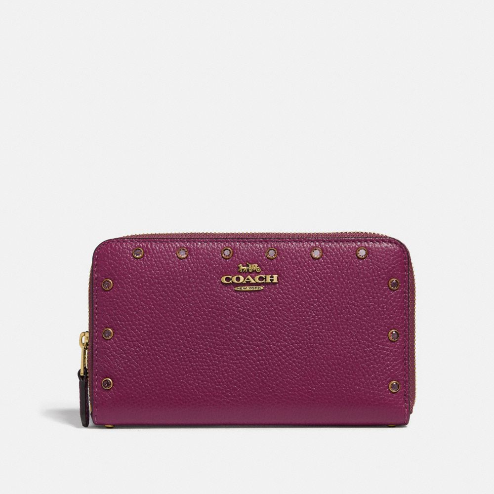 COACH F38868 MEDIUM ZIP AROUND WALLET WITH CRYSTAL RIVETS DARK-BERRY/BRASS