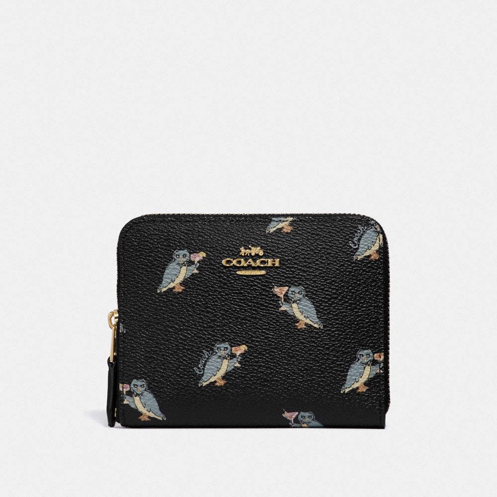 SMALL ZIP AROUND WALLET WITH PARTY OWL PRINT - F38905 - GD/BLACK