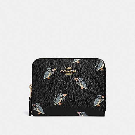 COACH F38905 SMALL ZIP AROUND WALLET WITH PARTY OWL PRINT GD/BLACK