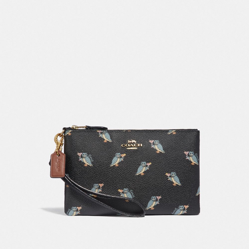 COACH F38924 - SMALL WRISTLET WITH PARTY OWL PRINT BLACK/GOLD