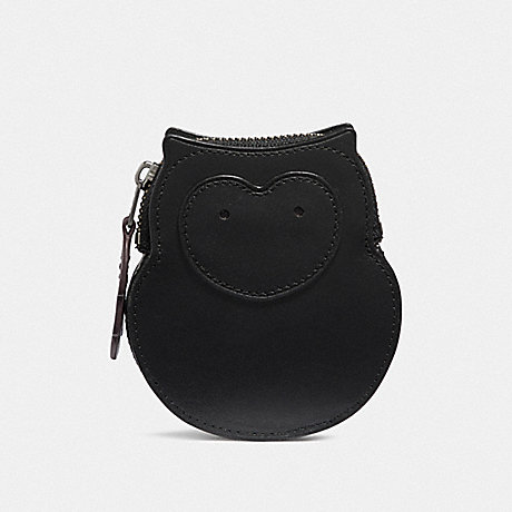 COACH F38943 OWL COIN CASE BLACK/PEWTER