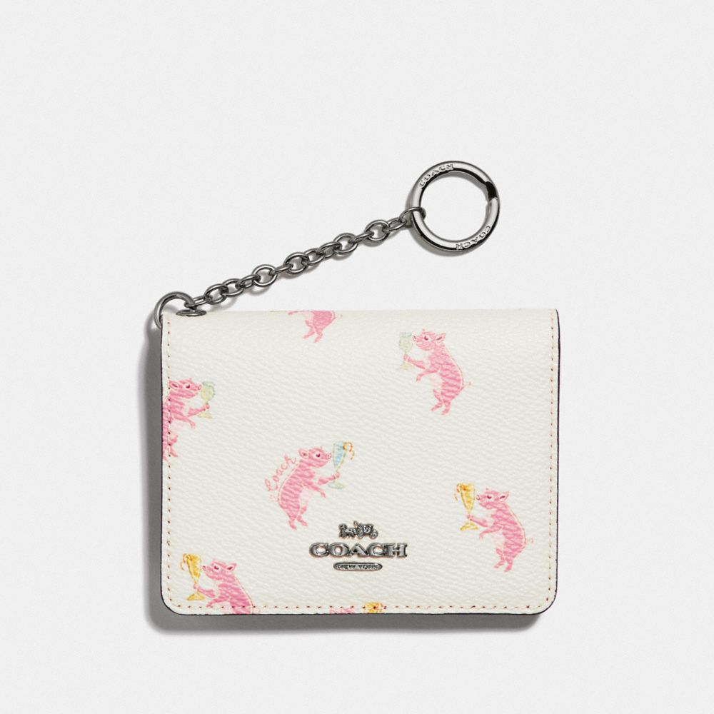 COACH F38946 Key Ring Card Case With Party Pig Print SV/CHALK