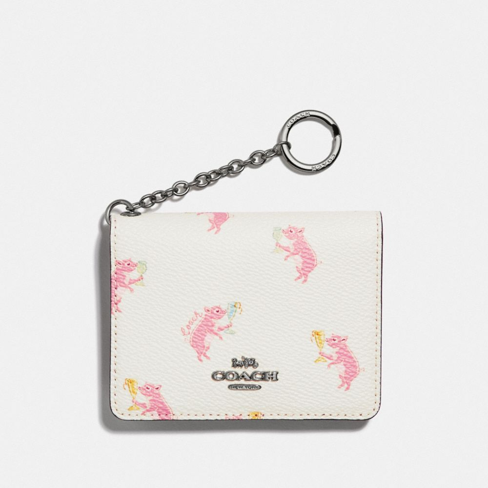 COACH F38946 KEY RING CARD CASE WITH PARTY PIG PRINT SV/CHALK