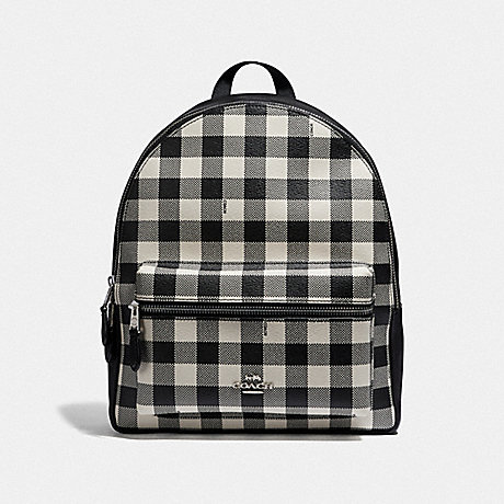 COACH MEDIUM CHARLIE BACKPACK WITH GINGHAM PRINT - BLACK/MULTI/SILVER - F38949