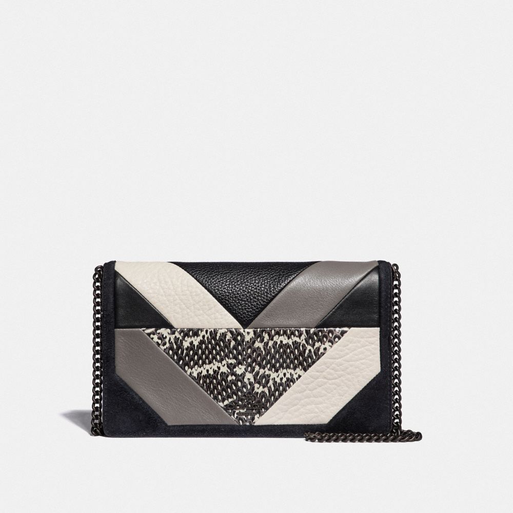 CALLIE FOLDOVER CHAIN CLUTCH WITH PATCHWORK AND SNAKESKIN DETAIL - V5/BLACK MULTI - COACH F38975