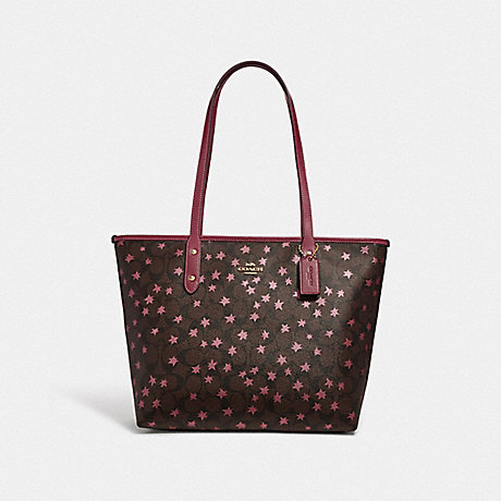 COACH F38984 CITY ZIP TOTE IN SIGNATURE CANVAS WITH POP STAR PRINT BROWN MULTI/LIGHT GOLD