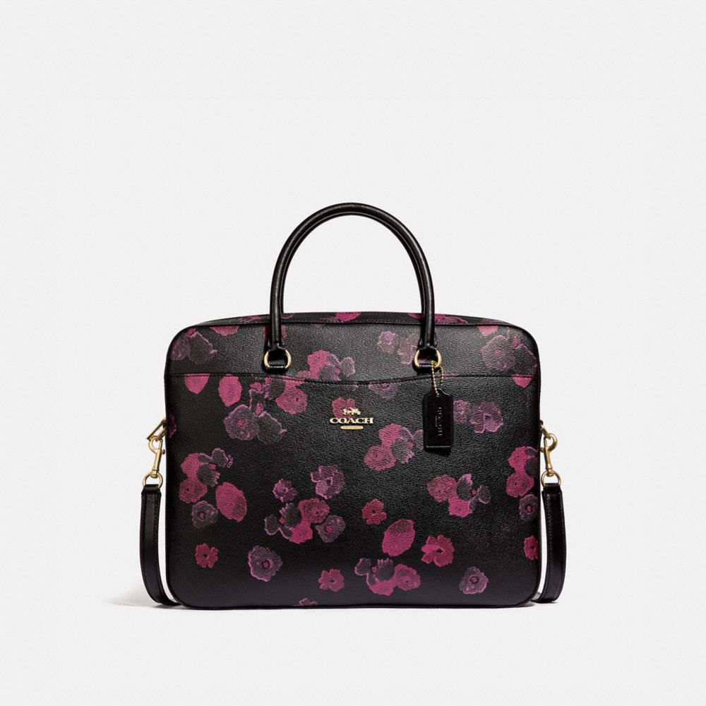 COACH F38985 Laptop Bag With Halftone Floral Print BLACK/WINE/LIGHT GOLD