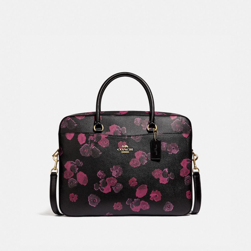LAPTOP BAG WITH HALFTONE FLORAL PRINT - COACH F38985 -  BLACK/WINE/LIGHT GOLD