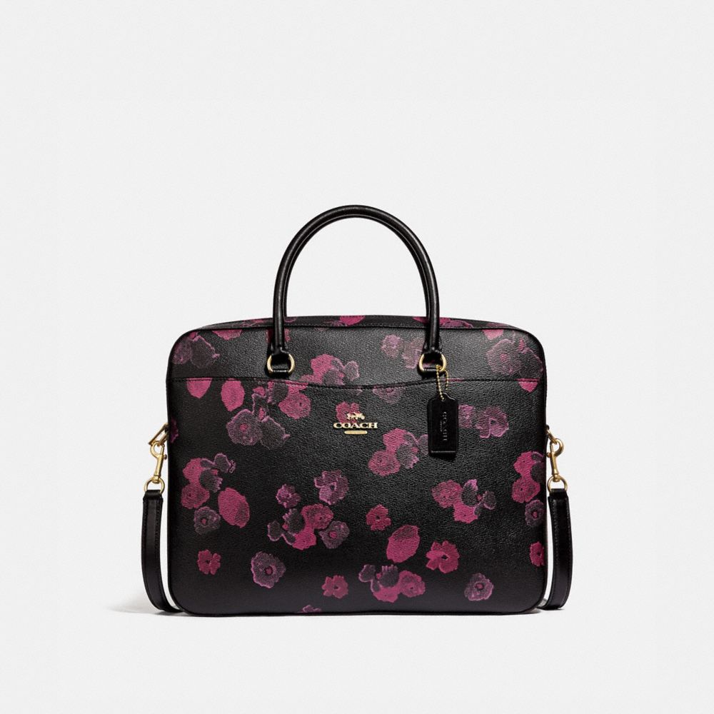 COACH LAPTOP BAG WITH HALFTONE FLORAL PRINT - BLACK/WINE/LIGHT GOLD - F38985