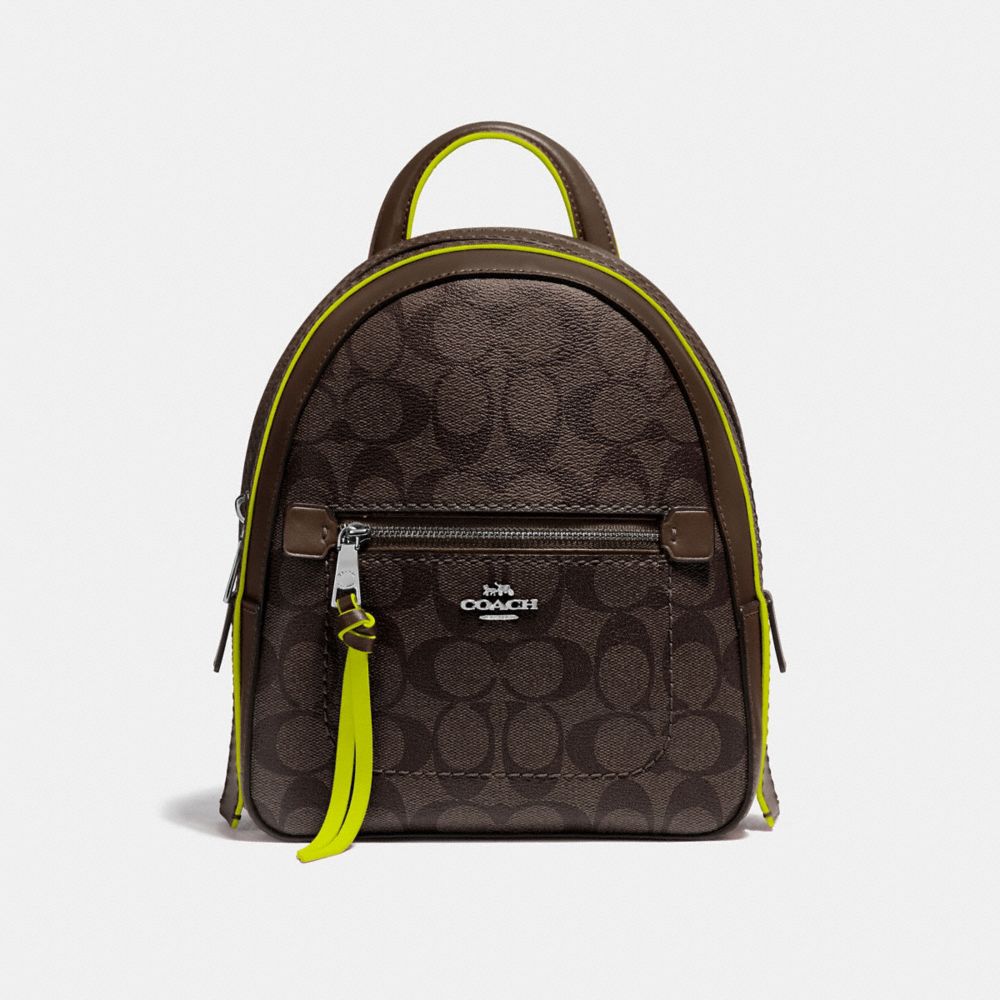 ANDI BACKPACK IN SIGNATURE CANVAS - F38998 - BROWN/NEON YELLOW/SILVER