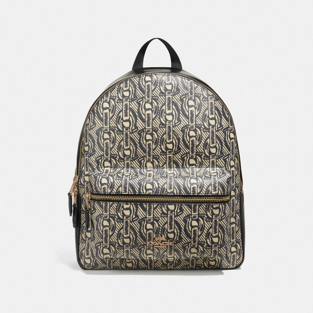 MEDIUM CHARLIE BACKPACK WITH CHAIN PRINT - F39001 - BLACK/LIGHT GOLD