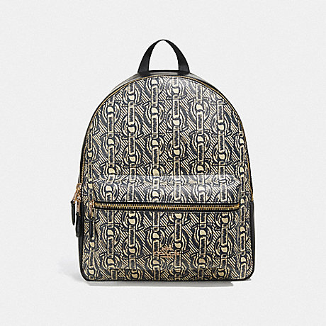 COACH F39001 MEDIUM CHARLIE BACKPACK WITH CHAIN PRINT BLACK/LIGHT GOLD