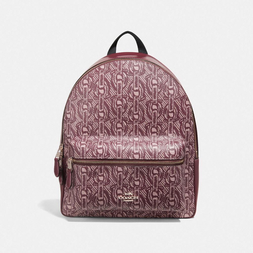 MEDIUM CHARLIE BACKPACK WITH CHAIN PRINT - F39001 - CLARET/LIGHT GOLD