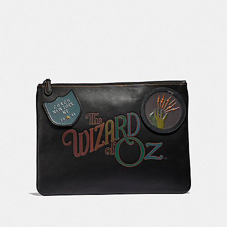 COACH F39014 LARGE POUCH WITH WIZARD OF OZ PATCHES BLACK-MULTI/BLACK-ANTIQUE-NICKEL