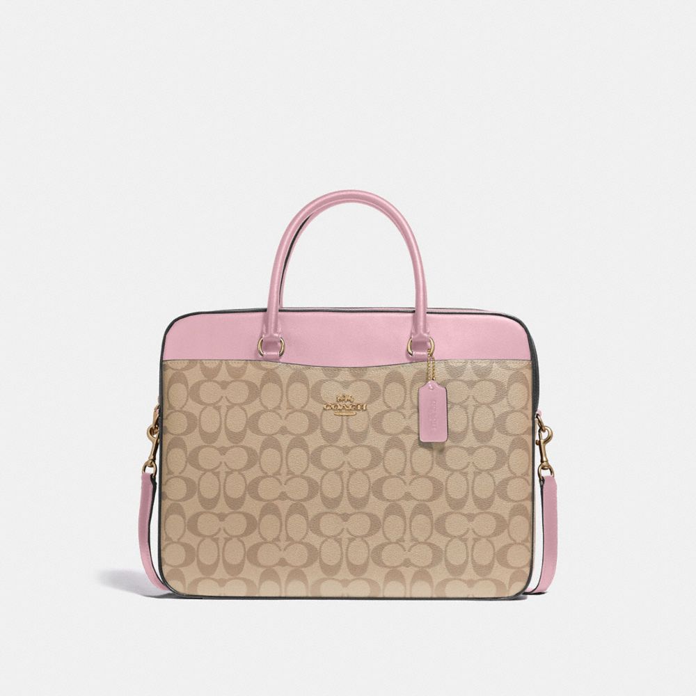 COACH F39023 Laptop Bag In Signature Canvas LIGHT KHAKI/CARNATION/SILVER