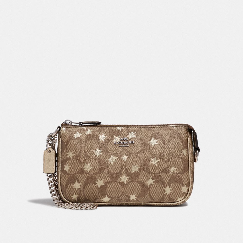 COACH F39027 LARGE WRISTLET 19 IN SIGNATURE CANVAS WITH POP STAR PRINT KHAKI MULTI /SILVER