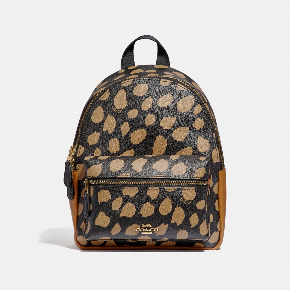 COACH F39030 Mini Charlie Backpack With Deer Spot Print BLACK/LIGHT GOLD