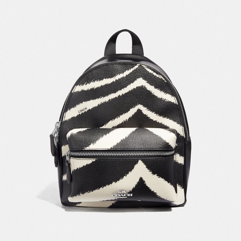 COACH F39033 Mini Charlie Backpack With Zebra Print BLACK CHALK/SILVER
