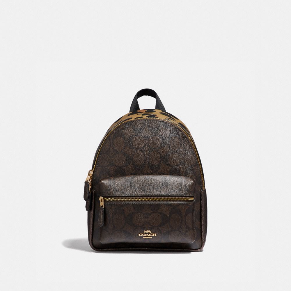 MINI CHARLIE BACKPACK IN SIGNATURE CANVAS WITH LEOPARD PRINT - F39034 - BROWN MULTI/LIGHT GOLD