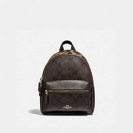 COACH MINI CHARLIE BACKPACK IN SIGNATURE CANVAS WITH LEOPARD PRINT - BROWN MULTI/LIGHT GOLD - F39034