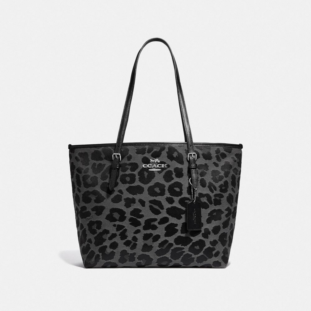 ZIP TOP TOTE WITH LEOPARD PRINT - GREY/SILVER - COACH F39037