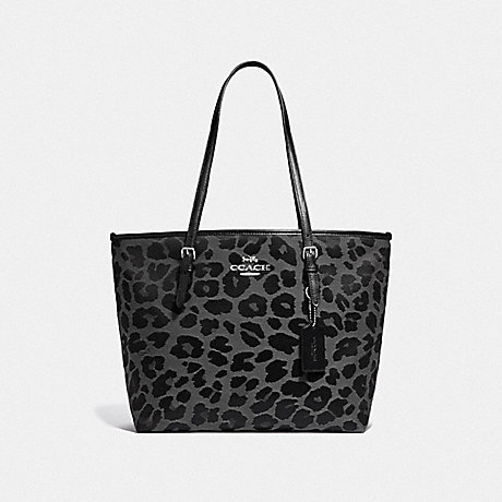 COACH F39037 ZIP TOP TOTE WITH LEOPARD PRINT GREY/SILVER