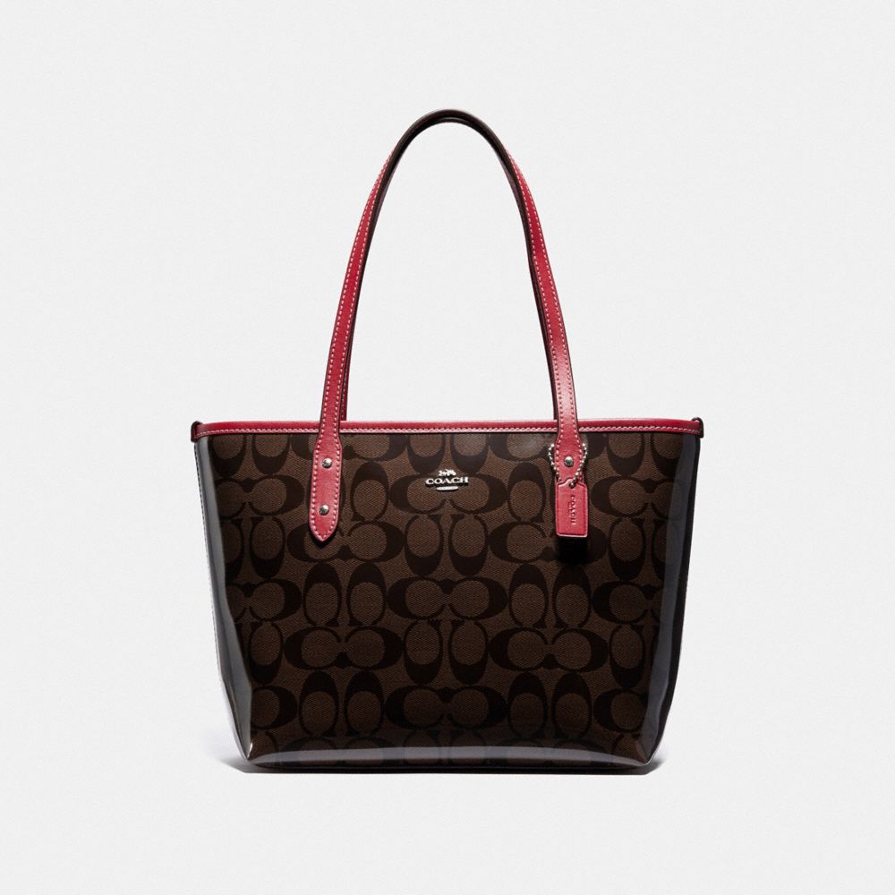 COACH MINI CITY ZIP TOTE IN SIGNATURE CANVAS - BROWN/RED/SILVER - F39039