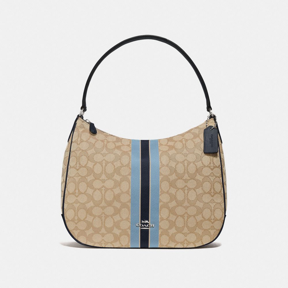 ZIP SHOULDER BAG IN SIGNATURE JACQUARD WITH STRIPE - F39042 - KHAKI MULTI /SILVER