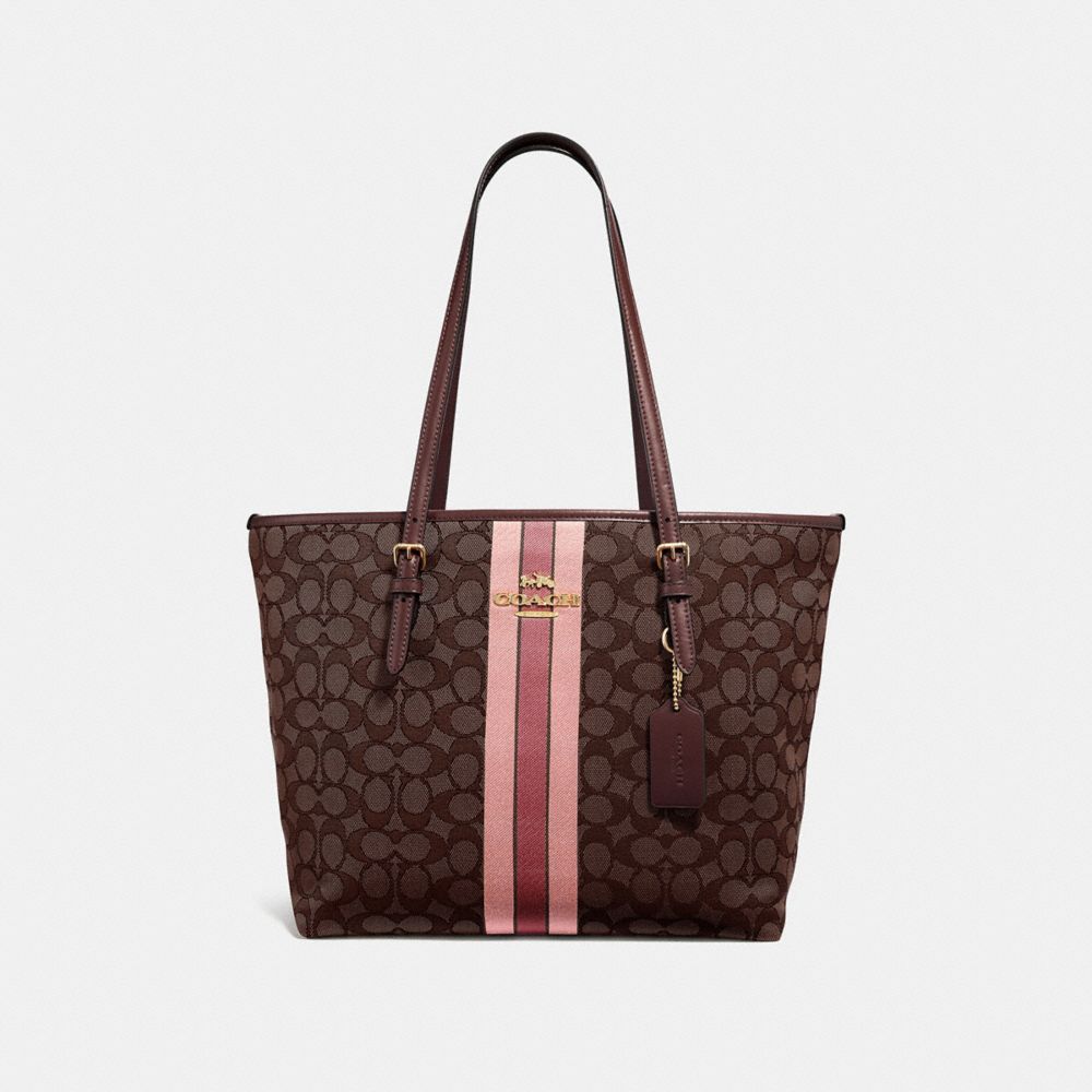 COACH F39043 Zip Top Tote In Signature Jacquard With Stripe BROWN MULTI/IMITATION GOLD